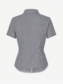 阳光少女风春季情人节女装Y2K返校季棉质修身翻领短袖衬衫，带纽扣，蓝色格子学院风上衣 - 藍色 - 查看 4