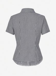 BabeHomee Fall Women Outfits Y2K Back To School Containing Cotton Slim Lapel Short-Sleeved Button Design Blue Checkered University Shirt Top