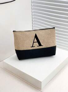 1pc Initials Printed Patchwork Women's Handbag, Makeup Bag, Teacher's Day Gift, Reusable Handbag, Women's Simple And Large Capacity Travel Makeup Bag, Multi-Functional Portable Women's Gift, Portable Leisure Storage Bag