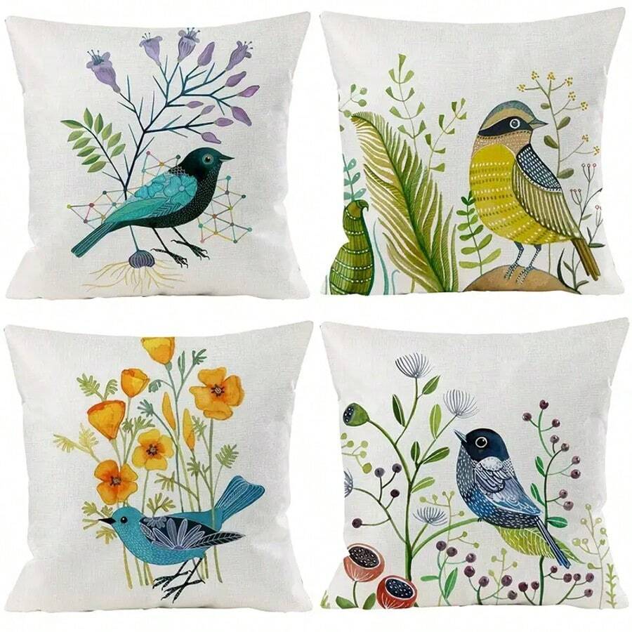 4pcs Set Vibrant Throw Pillows| Spring Birds & Blooms Decorative Pillow Covers - 17.7x17.7 Inch, Vibrant Nature-Themed Throw Cushion Cases, Zippered, Polyester, Hand Wash Only - Perfect For Sofa, Bed, Couch, And Office Decor, Pillows Decorative - Multicolor - View 1