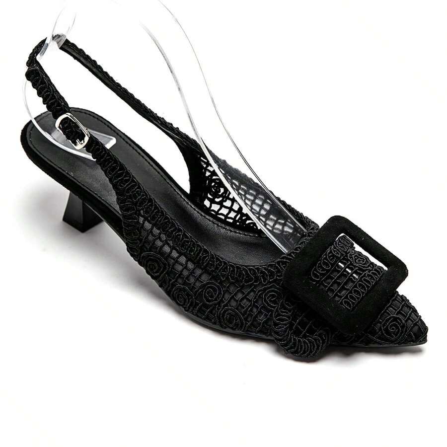 Escarpins slingback mesh argenté à boucle carrée, talon bas carré - Noir - Voir 1