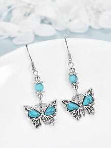 1 Pair Bohemian Turquoise Inlaid Butterfly Dangle Earrings - Elegant Alloy Jewelry For Females Summer Beach Jewelry