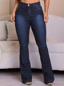 Women's Flare Jeans High Waist Butt Lifting Pants - CasualelegantBohoJeansButtonZipper - 藏蓝色 - 查看 1