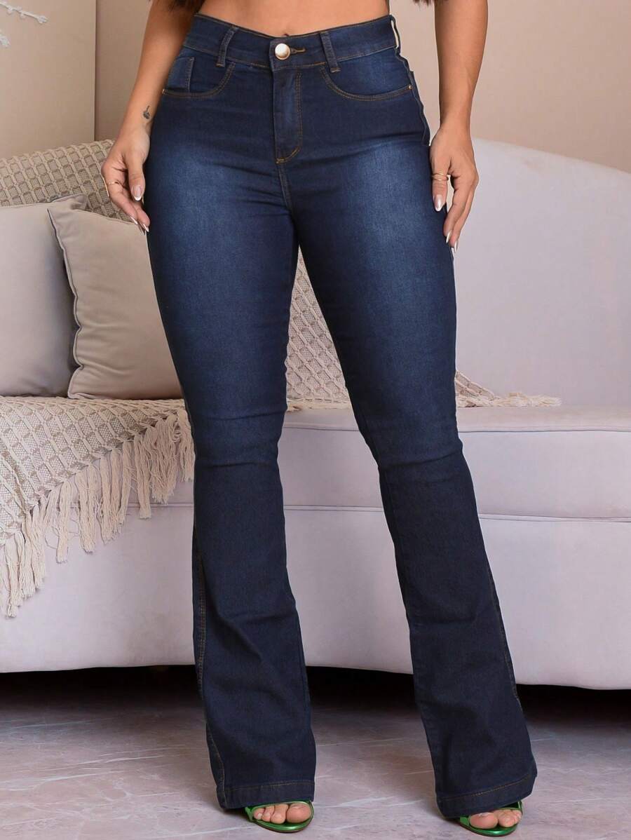 Women's Flare Jeans High Waist Butt Lifting Pants - CasualelegantBohoJeansButtonZipper - 藏蓝色 - 查看 1