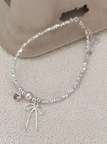 纯银甜美少女心粉色爱心蝴蝶结碎银珍珠手链日韩简约设计 - 蝴蝶結碎銀子手鍊 - 查看 4