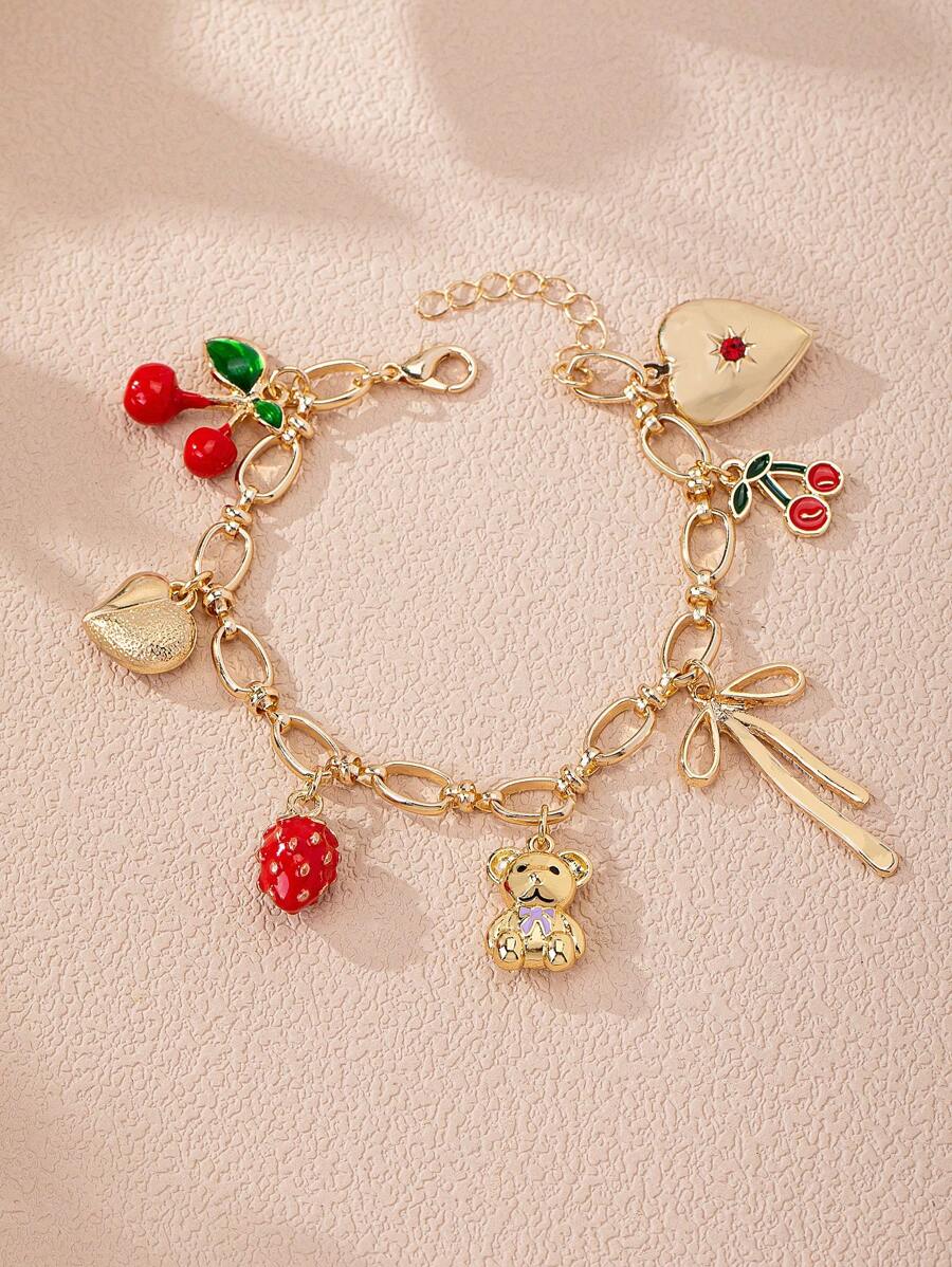 1 pieza Pulsera con dije de cerezas picantes esmaltadas, joyería de verano para mujeres