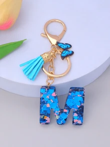1pc Women's Initial Letter Black Butterfly Glitter Crystal Resin Epoxy Keychain With Butterfly Tassel Decor