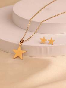 3pcs/Set Fashionable Stainless Steel Star Necklace Earring Set, Moon Star Necklace Earring Set, Simple Engagement Jewelry Set, Holiday Gift, Neutral Style, Suitable For Daily Wear