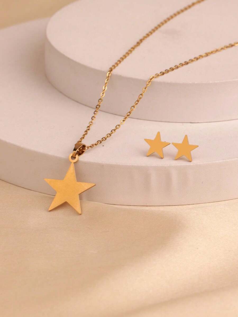 3pcs/Set Fashionable Stainless Steel Star Necklace Earring Set, Moon Star Necklace Earring Set, Simple Engagement Jewelry Set, Holiday Gift, Neutral Style, Suitable For Daily Wear