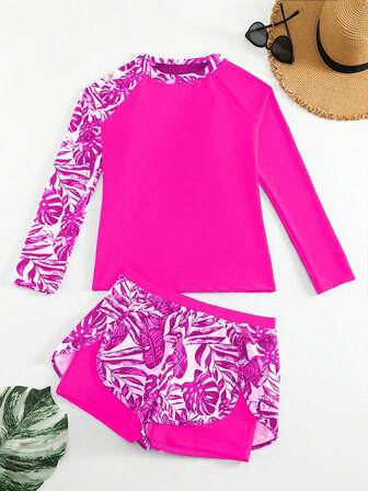 Summer Tropical Print Patchwork Long Sleeve Tankini Swimwear Set