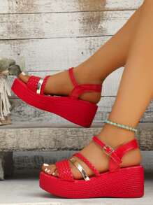 Women's Woven Strap Single Buckle Open Toe Casual Non-Slip Thick Sole Comfortable Wedge Sandals, Suitable For Pants And Skirts - Red - View 8