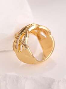 Anel de luxo banhado a ouro cúbico brilhante, resistente, em caixa, joia com imitação de diamante de cobre, adequada para mulheres, presente de casamento, noivado e feriado - Ouro - Ver 6