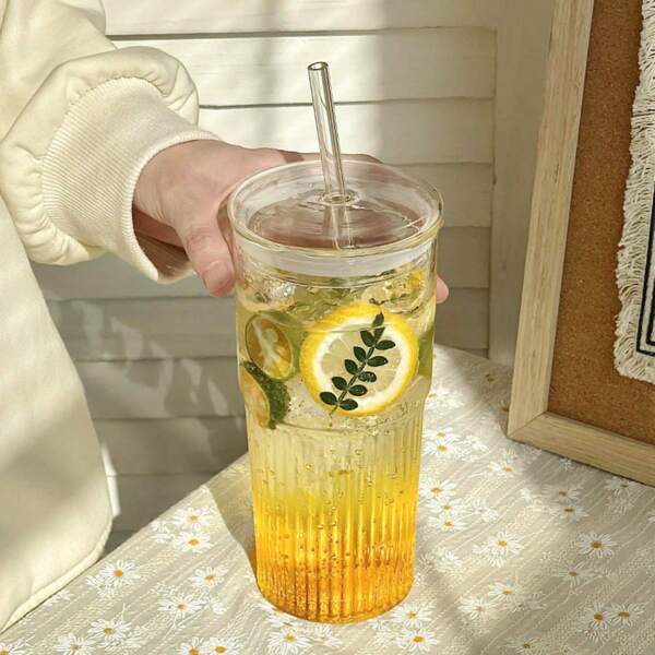 Vaso de vidrio con tapa y pajita de gran capacidad, vaso para bebidas frías de verano como jugo o agua para mujeres, vaso de té de frutas americano de una sola capa con hielo