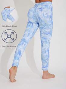 1 pieza Pantalones ajustados de mujer en azul celeste, diseño cómodo con estampado de nubes, leggings de tela de melocotón transpirable, pantalones de yoga elegantes y moldeadores con gran elasticidad, mallas para ejercicio, aptos para gimnasio, exterior, todo el año