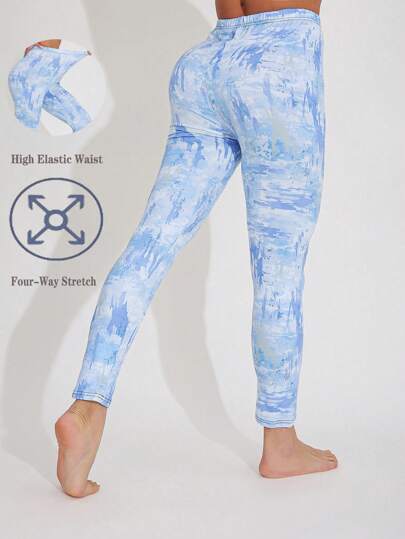 1 pièce Pantalon serré bleu ciel pour femmes, design confortable à motif nuage, legging en tissu peau de pêche respirant, pantalon de yoga élégant et moulant à haute extensibilité, corsaire d'entraînement, convient pour la gym, l'extérieur, toutes saisons