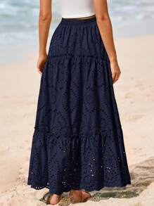 Women's Casual Lace Embroidery Eyelet Elastic High Waist Tiered A-Line Flowy Long Skirt Summer Boho Bohemian Beach Spring Holiday Vacation Going Out Valentine Long Maxi Skirt Outfits - 藏蓝色 - 查看 2
