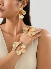 5 peças/Conjunto Elegante Jóias Metálicas Florais em Formato de Brincos, Anel, Pulseira, Versátil para Mulheres