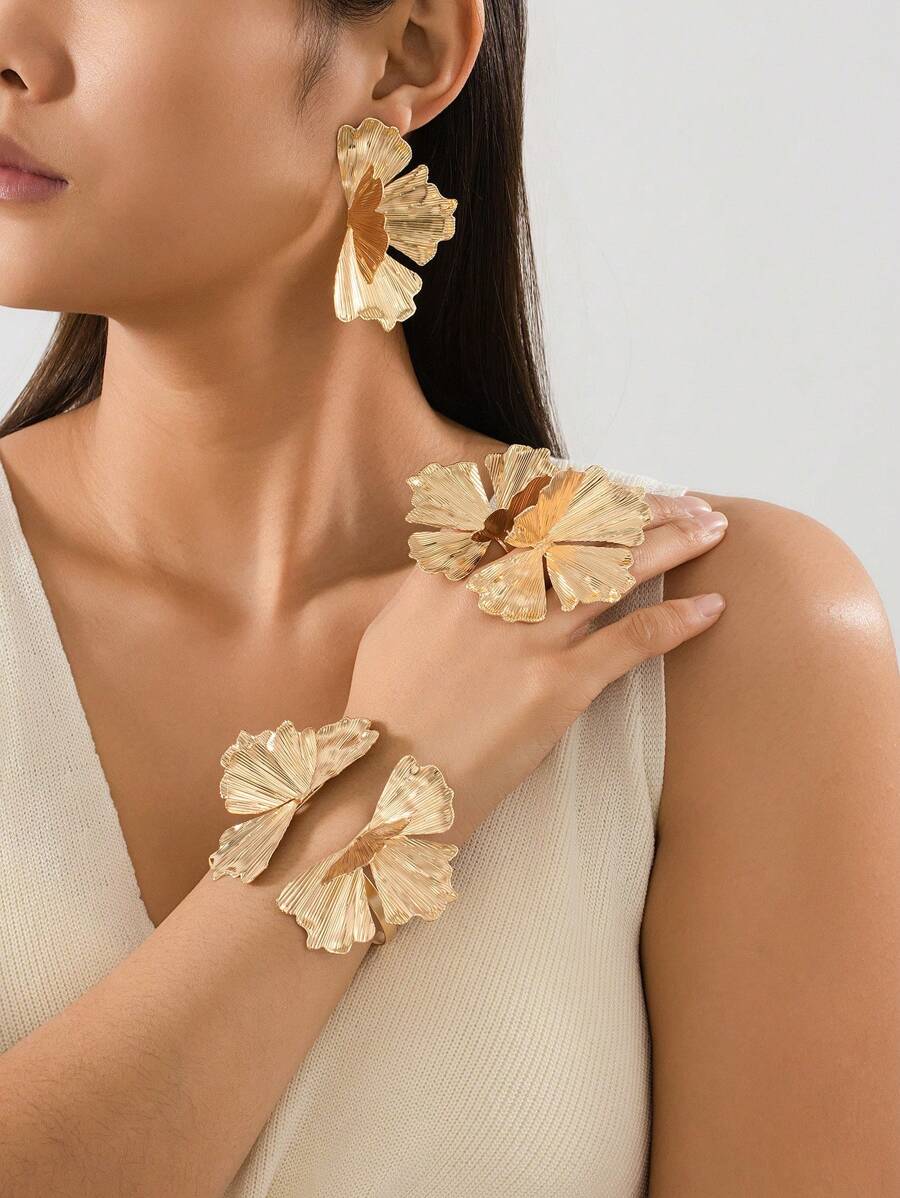 5 peças/Conjunto Elegante Jóias Metálicas Florais em Formato de Brincos, Anel, Pulseira, Versátil para Mulheres