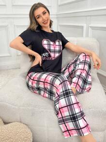 2 Stücke Damen Sommer Lässig Pyjama Set, Herz-Karomuster Kurzarm-Top und weite lange Hose