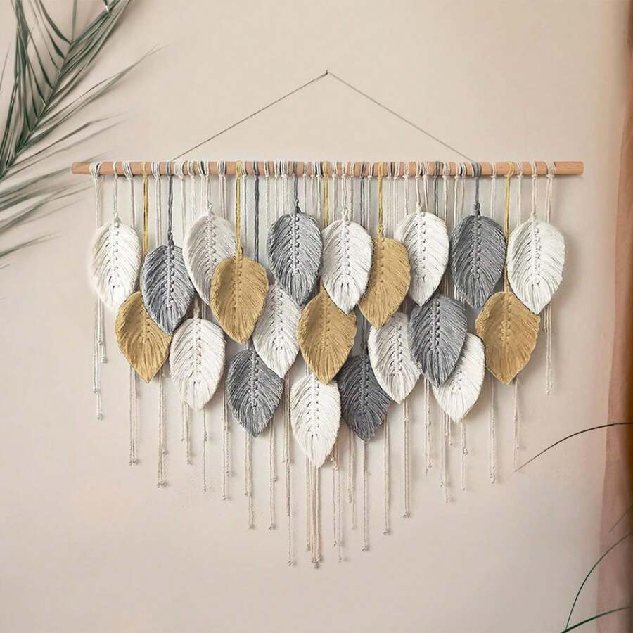 1 Peça Tapeçaria de Parede de Folha de Estilo Boêmio Extra Grande, Haste de Madeira Artesanal com Decoração de Folha e Borla, Decoração de Parede Macramê, Decoração de Cabeceira - Multicolorido - Visão 1