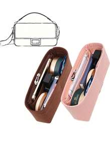 Multi-Pocket Organizer Insert Bag, Felt Insert Purse Organizer With Zipper,Felt Cloth Zipper Cosmetic Storage Bag, Lightweight Portable Inner Travel Storage Bag, Bag Insert Organizer With Multi-Pockets, Small Handbag Tote Shaper Insert For Shoulder Bag, Bag-In-Bag Organizer - Brown - View 4