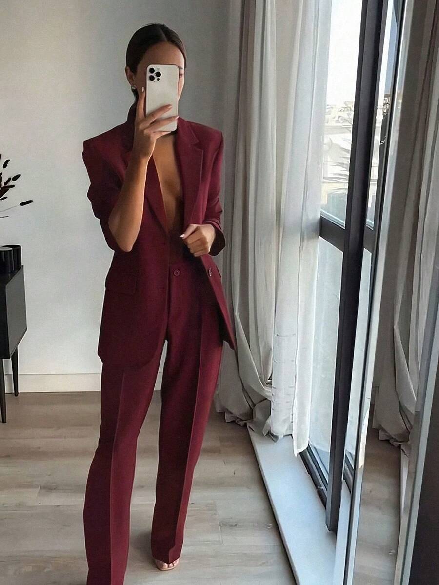 Women 1-Button Long Sleeve Blazer And Trouser Suit Set - Burgundy - View 1