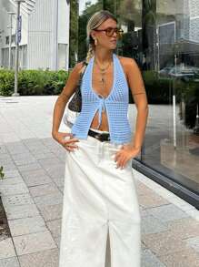 VOOR SCHOONHEID Lente en zomer Nieuw muziekfestival Blauwe hangende kraag Geknoopte gebreide trui Cardigan Dames Sexy holle dunne stijl Sexy rugloze huwelijksreis Trouwseizoen Strandkleding Vakantie-outfits Dames gebreide top