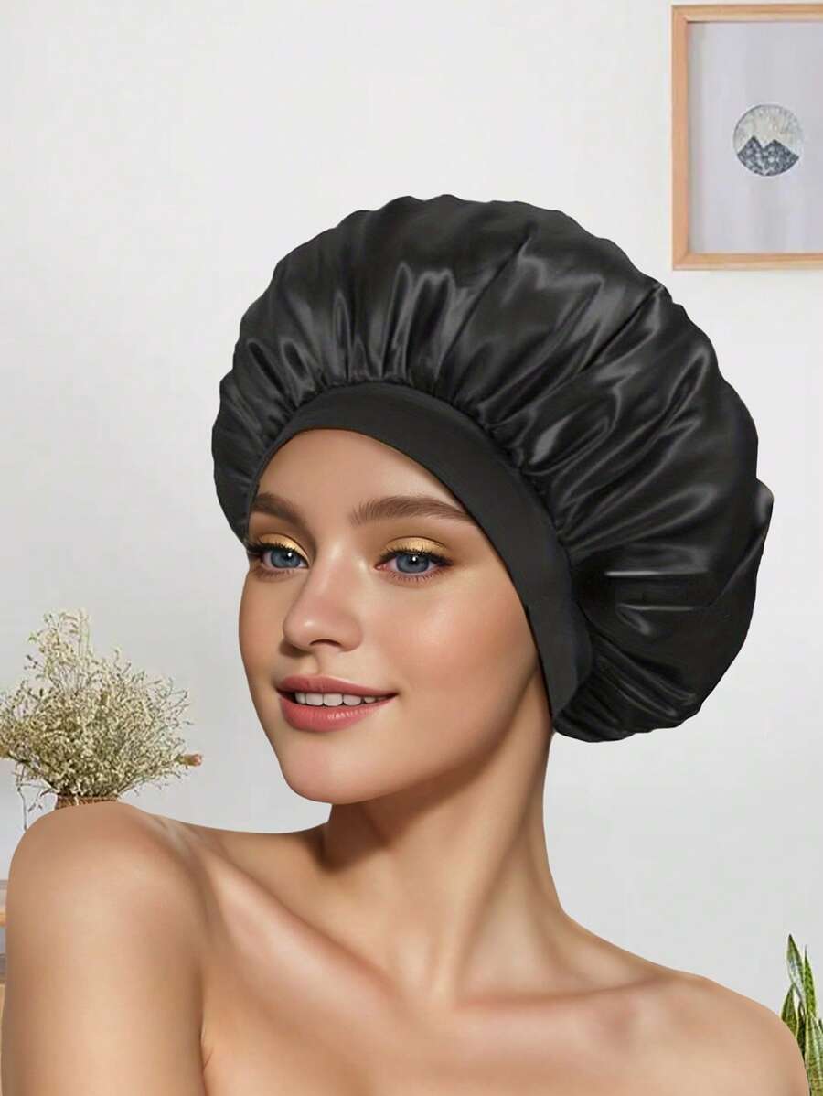 1 款纯色宽松缎面睡帽，柔软女士睡帽