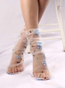 New Lace Mesh Mid-Calf Socks, Sweet Floral Net Fashionable Stack Socks For Women, Casual Summer