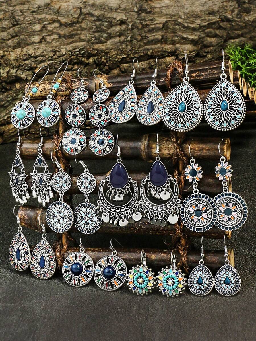 TopHanqi 12pairs Water Drop Earrings Retro Ethnic Style 12 Pairs Of Women's Earrings Multi-colored Set Round Drop-shaped Flower Set With Turquoise Set With Colored Rhinestone Pendant Combination Earrings - Multicolor - View 1