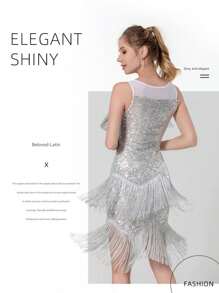 Ladies' Sequined Fringe Skirt Latin Dance Skirt Shining Fringe Latin Dance Rumba Tea Tango Dance Stage Performance Skirt Ball Dress