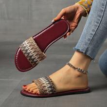 Flache Sandalen mit offener Spitze für Damen, 2025 neue vielseitige Slip-On-Lässig--Strandschuhe, leichte, bequeme, minimalistische Lässig--Hausschuhe mit niedrigem Absatz, europäischer und amerikanischer Stil, Cut Out