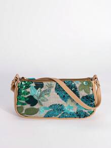 亮片刺绣花卉法棍包女士时尚百搭串珠缝线腋下包搭配撞色刺绣拉链单肩包随机剪裁，适合女士，适合派对、婚礼、舞会，非常适合派对婚礼舞会晚宴/宴会，搭配节日派对礼服晚礼服和亮片礼服（图案随机）