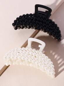 2/4/6 件时尚仿珍珠闪亮指甲片发夹爪夹发夹发夹发夹发夹发夹发夹，学校用品，学院，珍珠发饰秋冬度假装女士 - 黑與白 - 查看 5