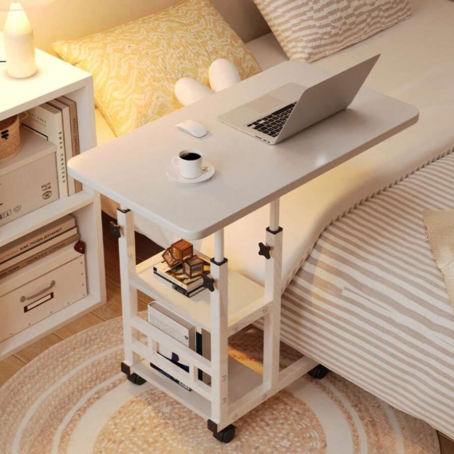 Height Adjustable Overbed Table With Lockable Wheels, Heavy Duty C-Shaped Mobile Desk, 2-Tier Storage Shelves For Bedroom, Living Room - White - View 1