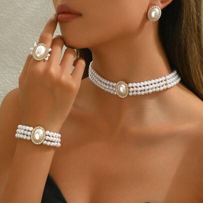 Set di gioielli di moda in finta perla a più strati, comprendente collana, bracciale, orecchini e anello, adatto per matrimoni, occasioni formali e regali di Natale, 4 pezzi a set