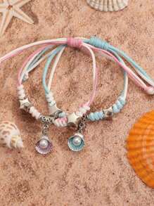 2 件/套海滩风格仿珍珠海星贝壳珍珠手链男女情侣配饰手链链 - 粉色 - 查看 2