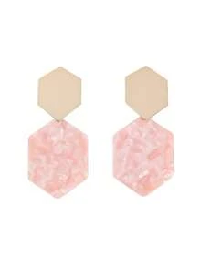 1 对女士时尚六角形耳环，粉色大理石纹理现代几何风格