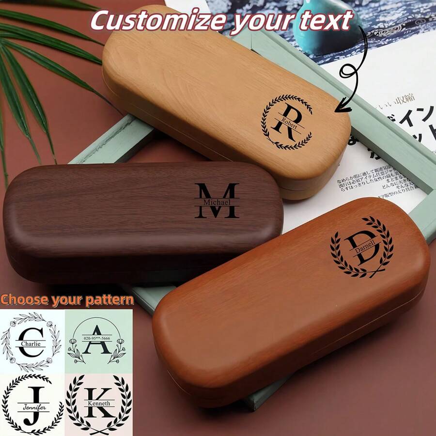Customized Text, Name Glasses Case, Girly Wood Grain Anti-Pressure And Anti-Fall Leather Portable Literary Retro Student Men And Women Simple Glasses Case, Fashion Glasses Fashion Glasses Case - Multicolor - View 1