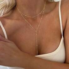 1pc Fashion Stainless Steel Round Bead Chain Tassel Long Double Layered Necklace For Women - Necklace - View 1
