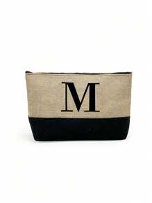 1pc Initials Printed Patchwork Women's Handbag, Makeup Bag, Teacher's Day Gift, Reusable Handbag, Women's Simple And Large Capacity Travel Makeup Bag, Multi-Functional Portable Women's Gift, Portable Leisure Storage Bag