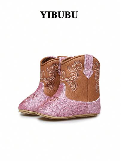 Zapatos de bebé Yibubu de color rosa, botas occidentales para bebés, botas vintage con patrón bordado, zapatos planos de alta gama antideslizantes para primeros pasos, botas deportivas para exteriores para bebés y niños pequeños en primavera/otoño