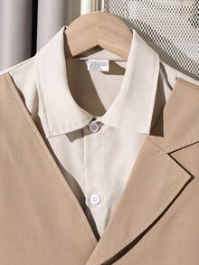 2pcs Casual Outdoor Wear Summer Set For Young Boys, Includes Plaid Polo Collar Shirt With Button Closure And Elastic Waist Plain Simple Straight Shorts, Suitable For Daily Life, Travel, Beach - Khaki - View 4