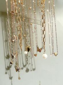 12pcs Fashionable, Simple, Elegant, Exquisite, Retro Style, Heart, Butterfly, Faux Pearl, Rhinestone, Shiny, Star, Moon, Tassel, Metal Design Multi-Layer Pendant Necklace Set, Great For Holiday, Party, Date, Daily Wear, Gift