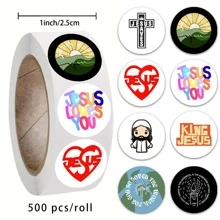 500 pièces Autocollants de Jésus de bande dessinée, sceaux en papier autoadhésifs de 1 pouce, utilisés pour concevoir des séries d'autocollants, pour les fleurs, les cadeaux de desserts, les boîtes décoratives DIY et les étiquettes d'emballage.