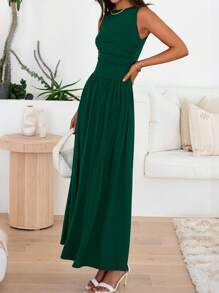 Women Sleeveless Maxi Dresses Crew Neck High Waisted Patchwork Ruched Tank Summer Dress With Pockets Beach Holiday Vacation Valentine - 深綠色 - 查看 4