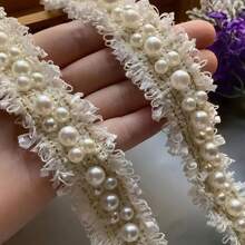 1pc Beige & Black Retro Nylon Lace With Pearls, Embroidered Ribbon DIY For Clothes, Dress, Shoes, Bags, Crafts - Multicolor - View 10