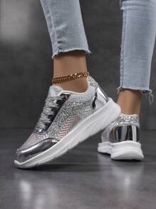 2025 New Women Casual Sneakers, Platform Thick Sole Non-Slip Wear-Resistant Elegant Fashion Gold Lace Mesh Breathable Comfortable Low-Top Round Toe Lace-Up Outdoor Casual Fashionable Luminous Slip-On Versatile Women Flat Shoes