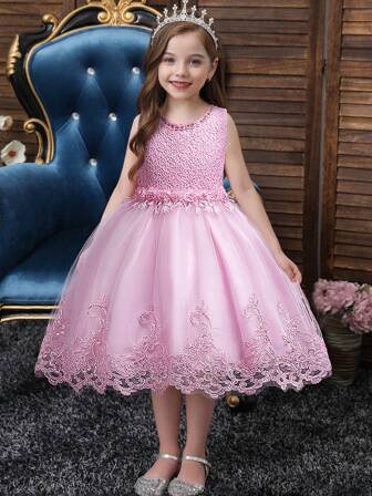 Tween Girl Lace Trim Bow Decor Sheer Dress Formal Wedding Graduation Party Princess Dress
