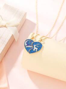 2pcs Creative Cartoon Heart Necklace With Alloy Oil Drops, Cute Whale Elk Patchwork Pattern Necklace For Daily Wear, BFF Necklace, Friendship Necklace, Sister Gift, Girl Necklace, Sister Necklace